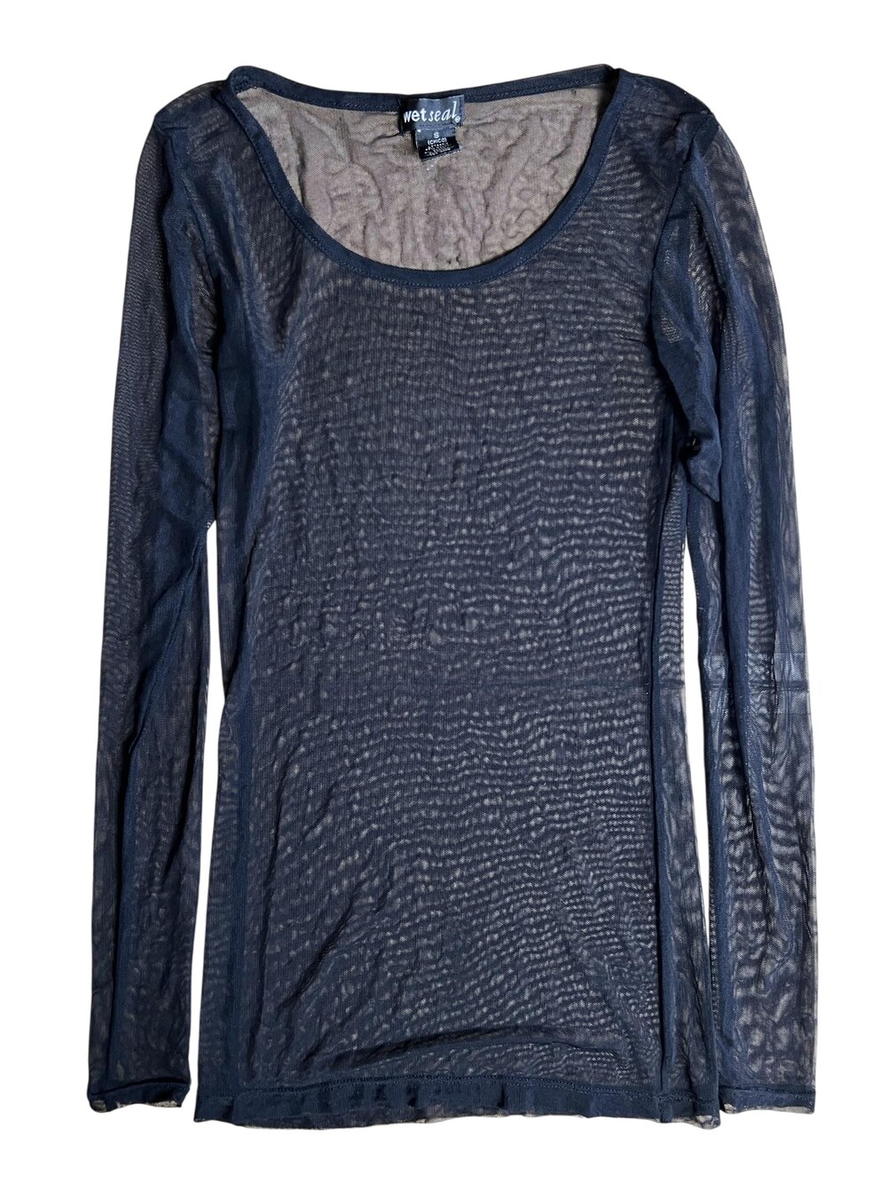 Wet Seal Shirt Womens S Black Mesh Scoop Neck Long Sleeve Sheer Slim Stretch